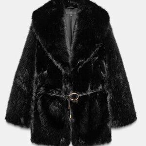 ZARA ZW Popular Faux Fur Belted Coat Black Size XS NWT (Sold Out in Stores)